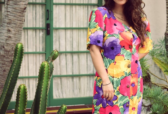 Vintage 80s Puff Sleeve Floral Womens Dress, Mark