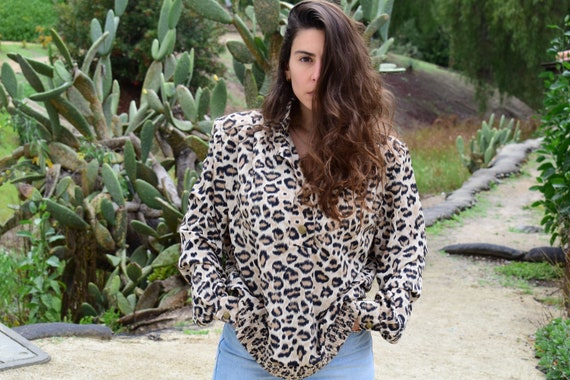 Vintage 90s Leopard Womens Blouse, Loose Fit Wide… - image 2