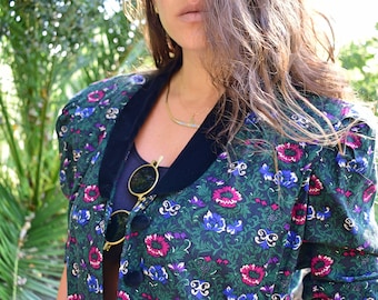 Vintage 80s Rayon Karin Stevens Jacket, Black Velvet Womens Blazer, Floral Green Buttons Up Top, Puff Shoulder Elegant Blouse