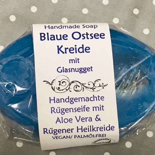 Rügener "Blaue Ostseekreide" mit Glasstein VEGAN & Palmöl frei * 100 Gramm Stück * Sassnitzer Manufaktur "Inselseifen" auf Rügen