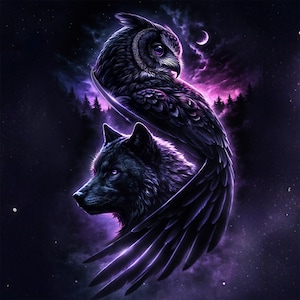 Könnte beinhalten: Digitales Kunstwerk einer schwarzen Eule mit lila Augen und eines Wolfes mit lila Augen. Die Eule hat große Flügel und ist über dem Wolf positioniert. Der Hintergrund ist ein dunkler Nachthimmel mit einem Mond und einer Waldsilhouette.