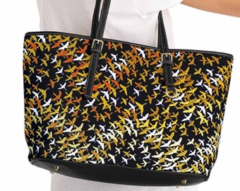 Chiyogami Japanese Golden / Birds Flying Pattern Shoulder Tote Bag Purse