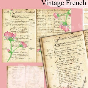 14-Pages Vintage French Ledger Junk Journal Kit, France Script Antique Ephemera Digital Printable Paper
