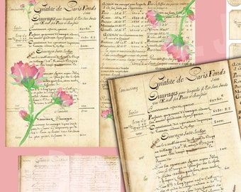 14-Pages Vintage French Ledger Junk Journal Kit, France Script Antique Ephemera Digital Printable Paper