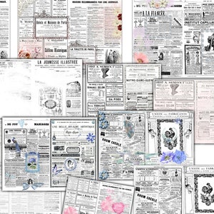 Kit de diário de lixo de jornal francês vintage de 20 páginas, anúncios de jornal francês vintage, fonte de script, tipografia, papel efêmero francês