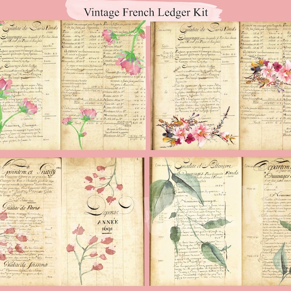 16-Page Vintage French Ledger & Flower Junk Journal Kit, Journal Printable, 1800’s Antique France Script Topography Tags Grunge Landscape