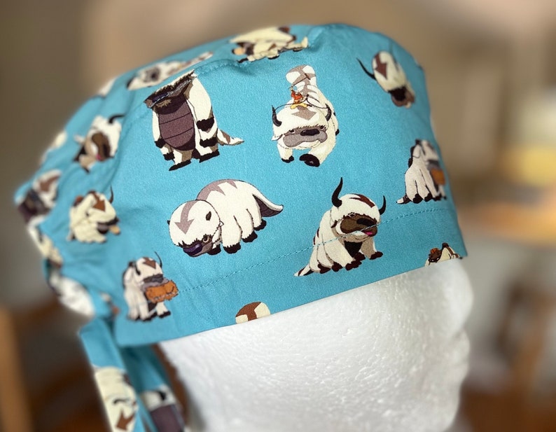May include: A blue scrub hat with a white and brown patterned design featuring cartoon images of a furry creature.
