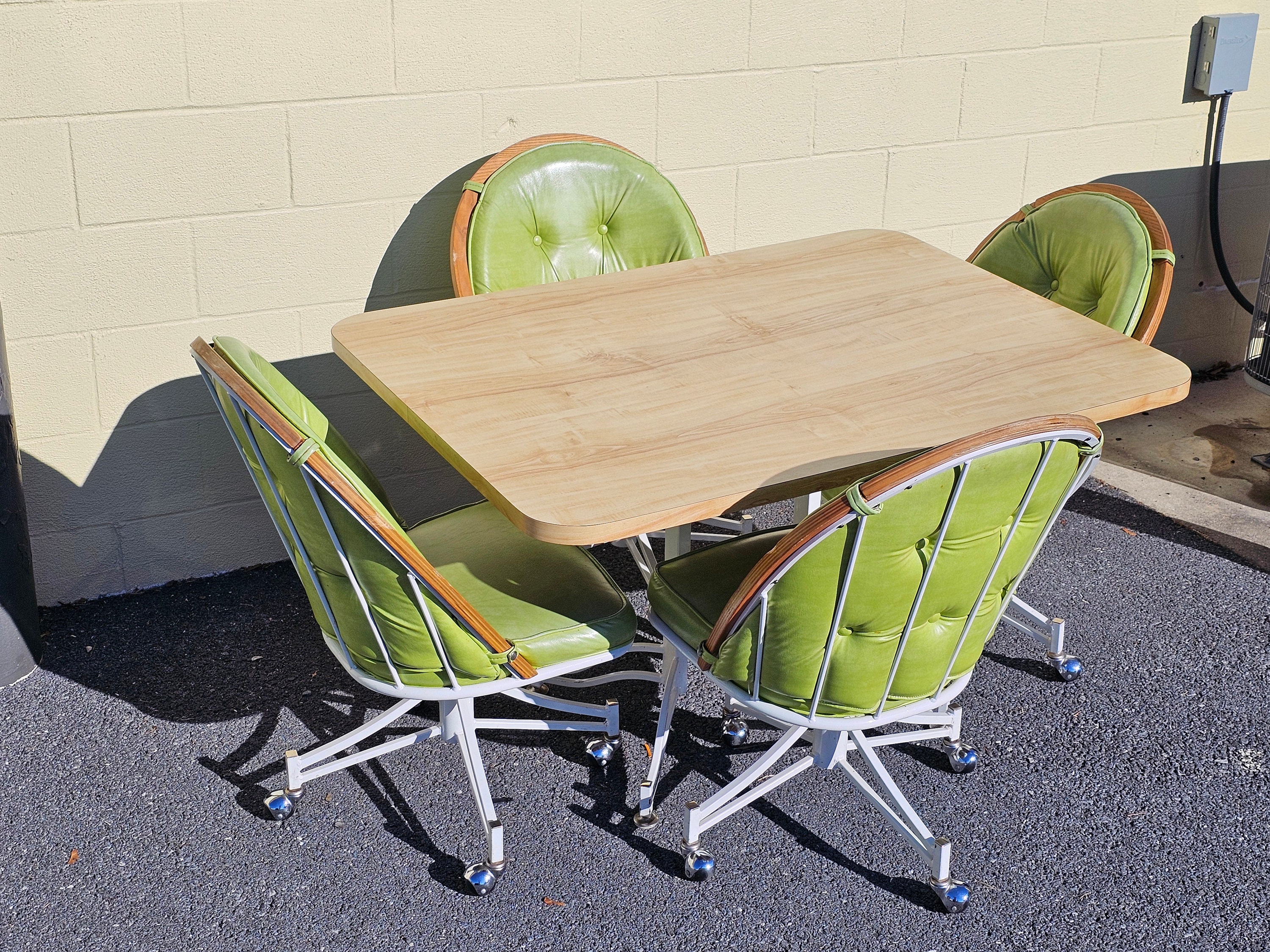 Vtg 1980s Kitchen Table & Metal Swivel Chairs on Rollers With Green ...