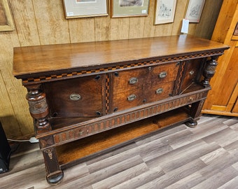 Antique Oak Sideboard Cabinet W Carved Columns & Checkered Inlay 3 Drawers Local Pick Up