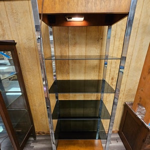Vtg MCM Chrome & Walnut Post Modern Bookshelf Etagere W Smoky Glass Shelves Local Pick Up