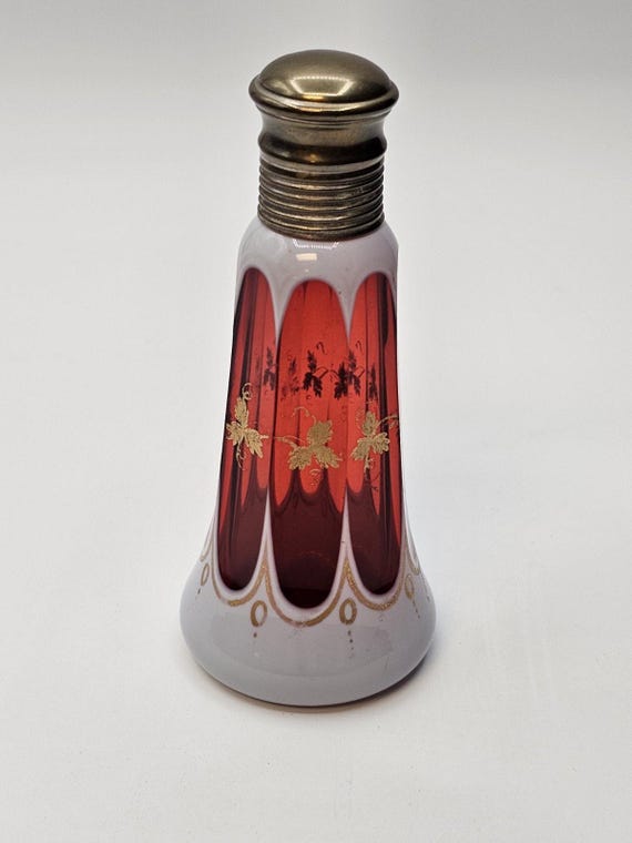 Antique Bohemian Cranberry Opalescent Glass Perfume Bottle Gold Painted 4.75 In