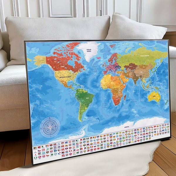 Blue World Map with Flags, High resolution World Map Poster, Printable Wall map, Digital World Travel map printable, Instant Download