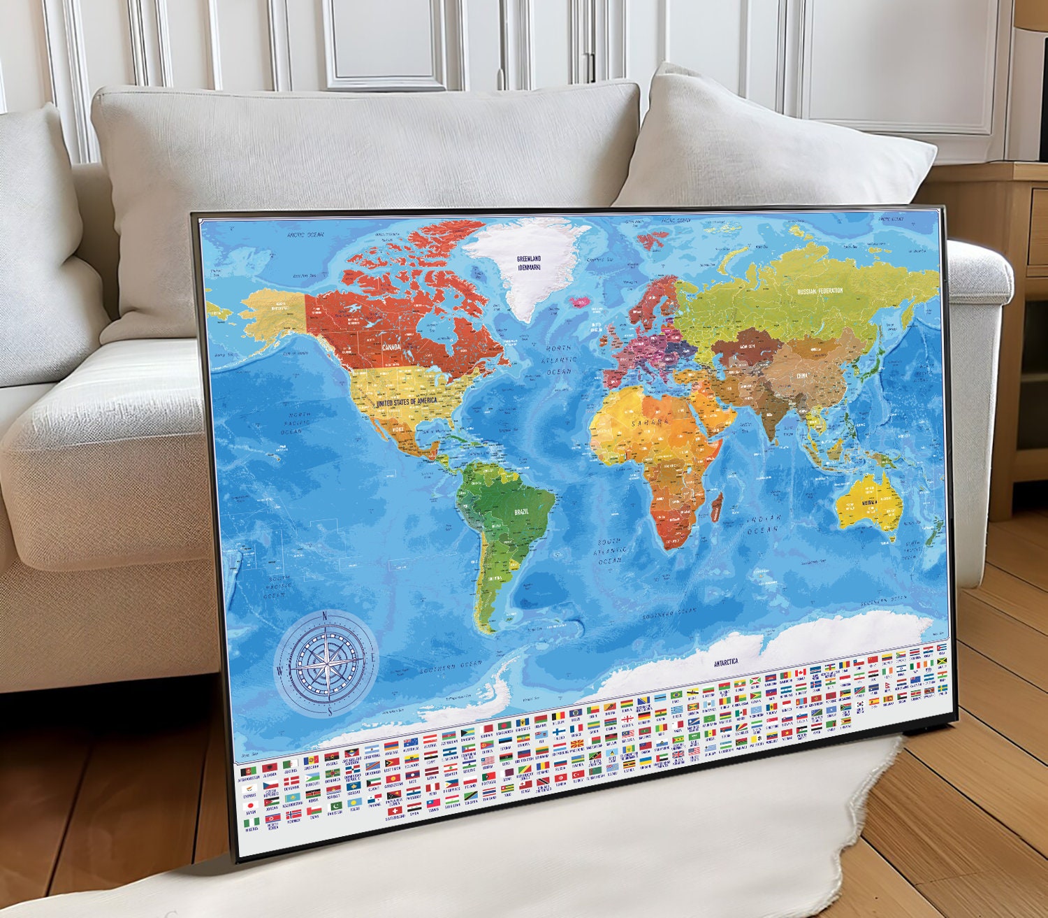 Blue World Map With Flags, High Resolution World Map Poster, Printable