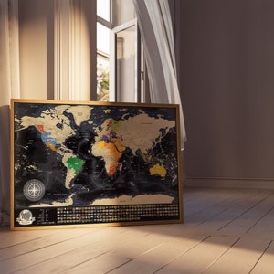 Scratch World Map with State lines in US, Canada, Greenland, Russia, China and Australia, all Countries Borders are clearly marked Oceans, Seas, Rivers, Lakes, Cities, Names of Countries and Capitals
Scratch travel map with countries flags