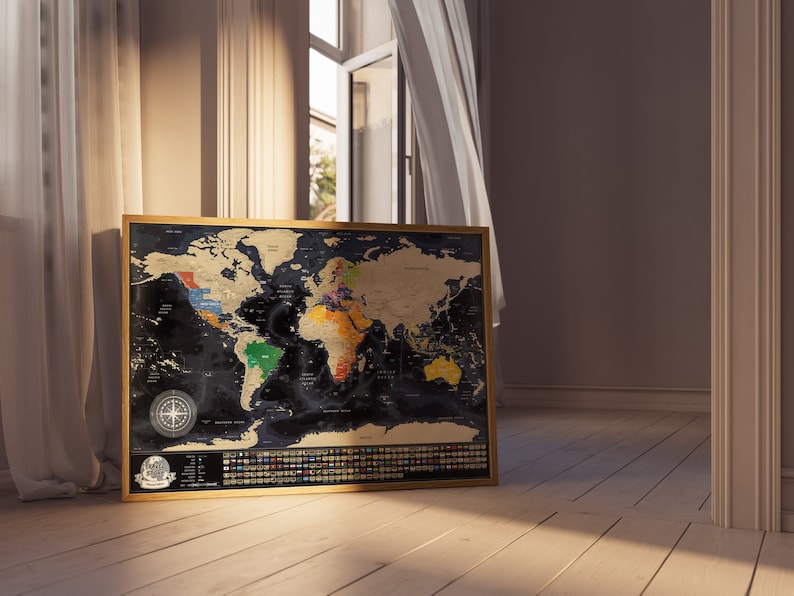 Scratch World Map with State lines in US, Canada, Greenland, Russia, China and Australia, all Countries Borders are clearly marked Oceans, Seas, Rivers, Lakes, Cities, Names of Countries and Capitals
Scratch travel map with countries flags
