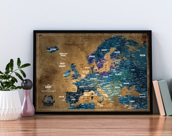Push pin Mapa de Europa - Pines de mapa - Mejor regalo de cumpleaños - Póster de mapa de Europa con pines, Mapa disponible con marco, Regalo de viajero, Hecho en la UE