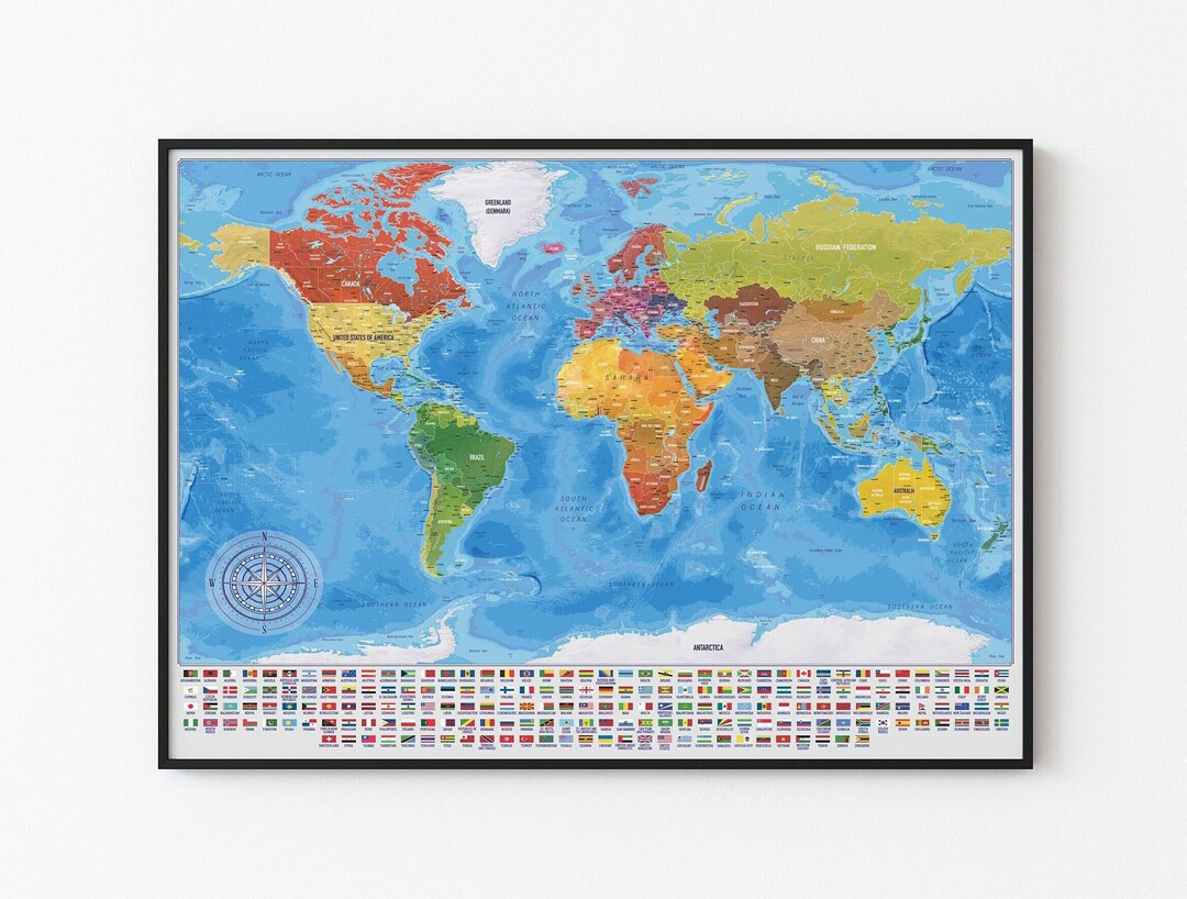 Blue World Map With Flags, High Resolution World Map Poster, Printable