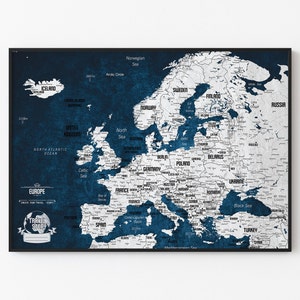 Carte de l'Europe, téléchargement numérique - Carte de l'Europe imprimable, téléchargement immédiat - Meilleur cadeau - Affiche de carte couleur grise - Cadeau pour les amateurs de voyage Wanderlust