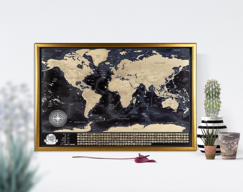 Scratch World Map with State lines in US, Canada, Greenland, Russia, China and Australia, all Countries Borders are clearly marked Oceans, Seas, Rivers, Lakes, Cities, Names of Countries and Capitals
Scratch travel map with countries flags