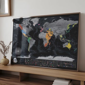 Personalized Scratch off Map, Optimal framing size 70x50cm, Scratch off Travel Map with County Flags, Available with Frame,  Made in Europe