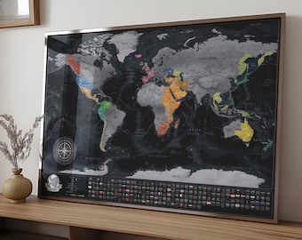 Carte à gratter personnalisée, cadrage optimal 70 x 50 cm, Carte de voyage à gratter avec drapeaux des comtés, Disponible avec cadre, Fabriqué en Europe