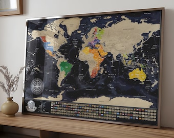 Carte du monde noire à gratter avec drapeaux - Taille de carte idéale pour l'encadrement - Cadeau d'anniversaire personnalisé - Disponible avec cadre, fabriqué en Europe