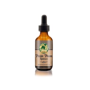 May include: A brown glass bottle with a dropper top. The label is brown with green accents and reads "Poom Poom Tightener" and "Herbal Supplement Line".