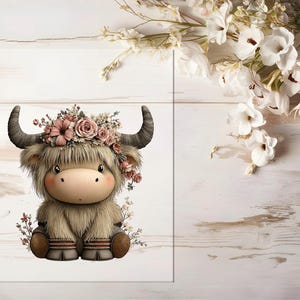 Könnte beinhalten: Eine skurrile Illustration einer Highland-Kuh mit einem Blumenkranz. Die Cartoon-Kuh hat ein flauschiges, hellbraunes Fell, große, gebogene Hörner und einen süßen Ausdruck. Zarte rosa und cremefarbene Blumen schmücken ihren Kopf. Das Bild ist vor einem weißen Hintergrund.