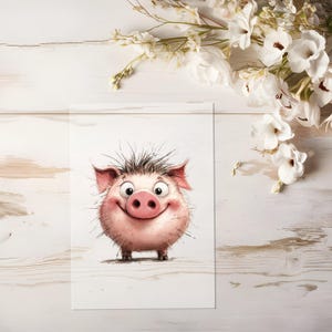 Könnte beinhalten: Eine Cartoon-Illustration eines rosa Schweins mit einem breiten Lächeln und einer flauschigen Schnauze. Das Schwein ist in einem skurrilen Stil auf weißem Hintergrund gezeichnet.