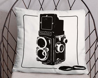 Rolleiflex Camera Accent Pillow, Stencil-Style Decorative Pillow, White & Black Throw Pillow - Free Shipping!