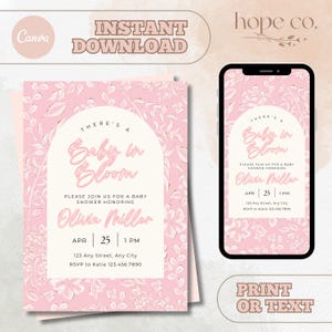 Editable Pink Floral Baby Shower Invitation, Baby In Bloom, Baby Shower, Baby Girl, Pink, Instant Download, Printable, Text Invite, Canva