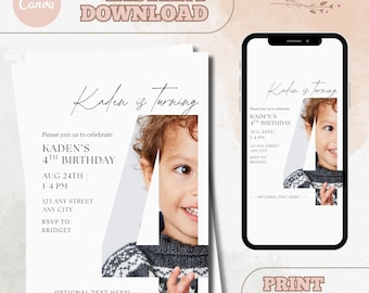 Photo Fourth Birthday Invitation: Minimalist Big Four Party (Printable Text Invite, Canva Template)