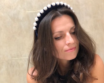 Handmade Black Velvet Headband: Braided Pearl Headpiece