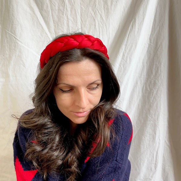 Satin Headband | Red Headband | Braided Headband | Chunky Headband | Fabric Headband Woman | Twisted Headband | Red Silk Headband |Hairband