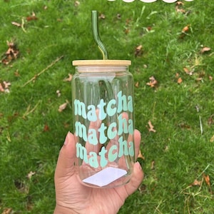 Matcha 16oz Glass Cup with Bamboo Lid & Straw | Iced Coffee | Tea Cup | Aesthetic Reusable Tumbler for Matcha Lovers| Bookish Drinks