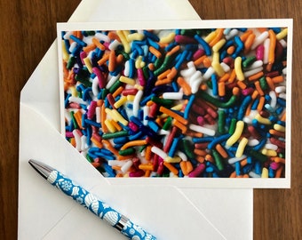 Rainbow sprinkles cake blank greeting card, fun birthday notecard, foodie card