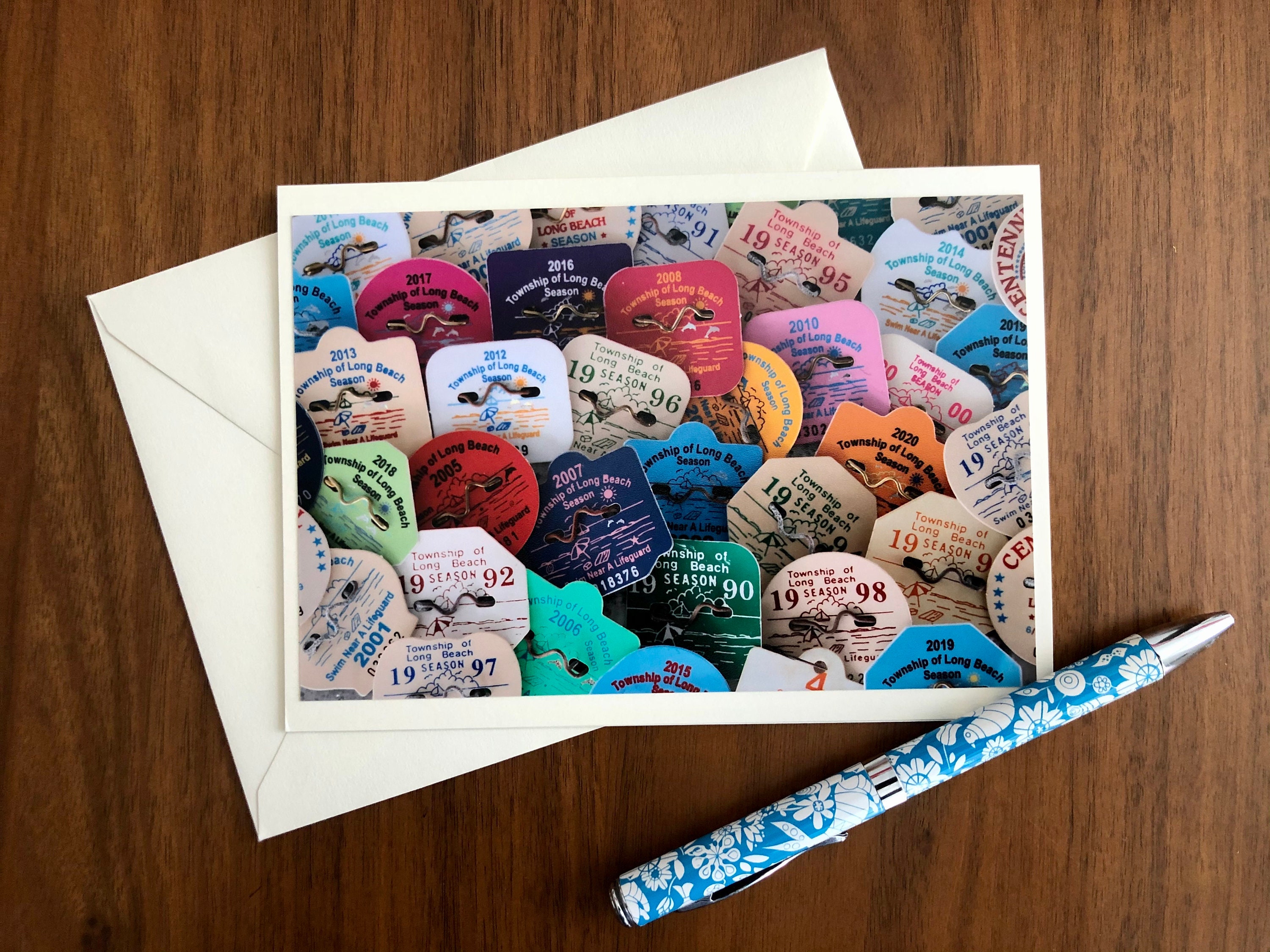 Beach Badge Collection Blank Greeting Card, Long Beach Township New