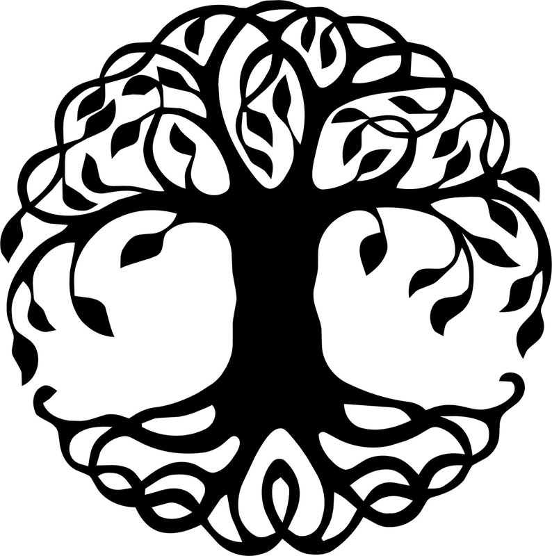 May include: A black and white circular graphic of a tree. The tree has a thick trunk, branches, and leaves, with roots that form a decorative pattern. The design is symmetrical and stylized, resembling a Celtic knot.