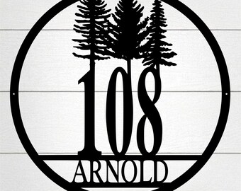 Address Sign, Circular, Pine Trees, Nature,  Metal Sign, Wedding Gift, Housewarming Gift, Weatherproof,