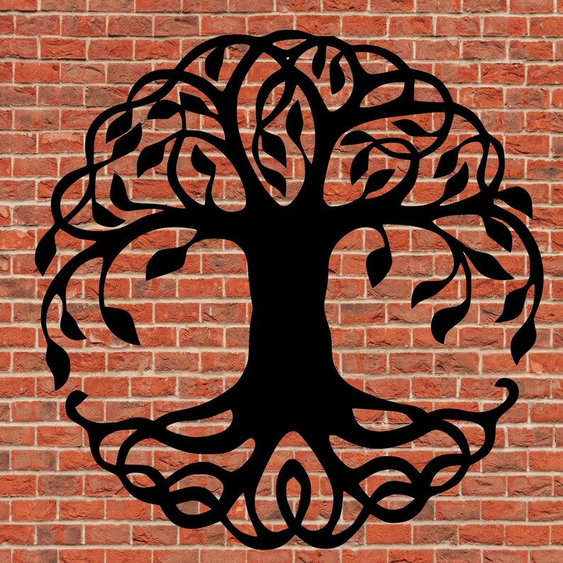 May include: Black metal tree of life wall art. The design features a detailed tree silhouette with roots, trunk, branches, and leaves, set against a red brick wall background. The tree is circular in shape.