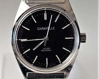 Vintage 1970s CARAVELLE Schwarzes Zifferblatt Herrenuhr - New Old Stock