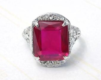 Art Deco 14k White Gold Ruby Filigree Ring Sz 4.25