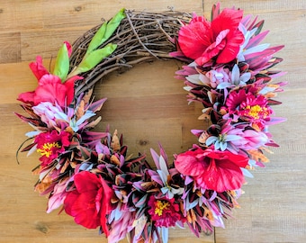 Ruby Red Hibiscus and Pink Flower Wreath