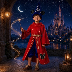 Può includere: Una tunica rossa a maniche lunghe con bordi dorati, indossata sopra pantaloni blu. L'outfit include un cappello da mago blu con motivo a mezzaluna e stelle, orecchie da topo nere e una cintura in corda dorata. Una bacchetta emette scintille.