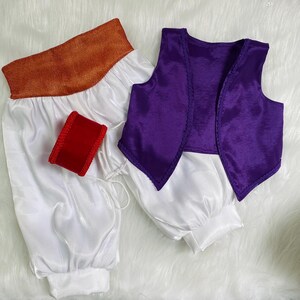 May include: A costume set featuring white satin pants with a gold waistband and a red wristband. A purple vest with a decorative trim is also included. This outfit is designed for a child.