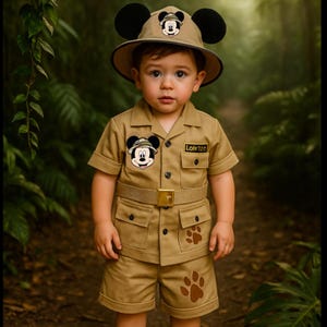 Puede incluir: Un atuendo de safari color beige con parches de Mickey Mouse y un sombrero a juego con orejas de Mickey Mouse. El atuendo incluye una camisa de manga corta, pantalones cortos y un cinturón. Los pantalones cortos tienen diseños de huellas de patas. El texto "Lote Tiso" está en la camisa.