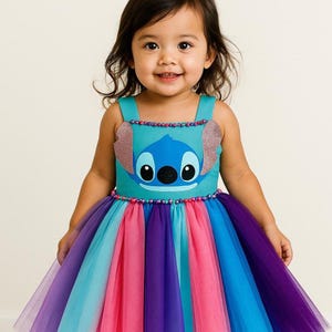Stitch Dress for Girls – Handmade Blue Dress with Colorful Tulle Skirt, Disney Birthday Outfit, Toddler & Kids Sizes