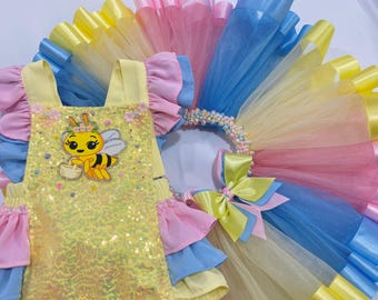 Conjunto de abeja para niña: mono de lentejuelas y falda de tul colorida