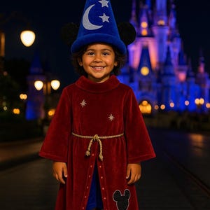 May include: A child wearing a red velvet wizard robe with a gold rope belt and a blue wizard hat with a silver crescent moon and stars. The hat has black Mickey Mouse ears. The background features a castle at night.