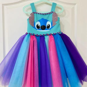 Stitch Dress for Girls – Handmade Blue Dress with Colorful Tulle Skirt, Disney Birthday Outfit, Toddler & Kids Sizes